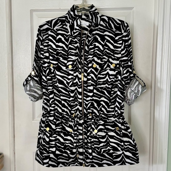 Calvin Klein Linen Jacket Zebra Striped Unlined Convertible Sleeves - Picture 2 of 6